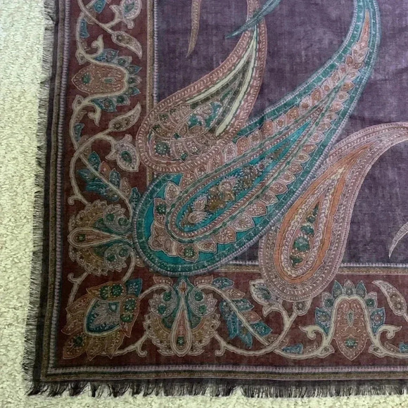 100% wool scarf made in Italy Paisley print deep plum and teal colors - Picture 2 of 3